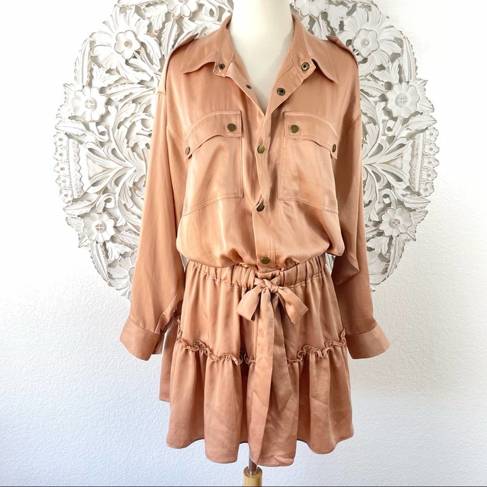 {Ramy Brook} Lia Satin Long Sleeve Dress, Caramel, Size M, NWT